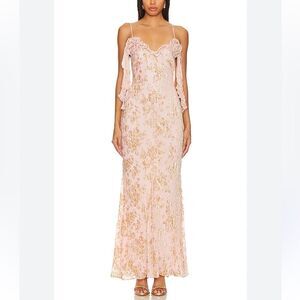 NBD Jamela Gown in Blush Pink Gold Floral Maxi Dress rosettes Revolve NWT XS